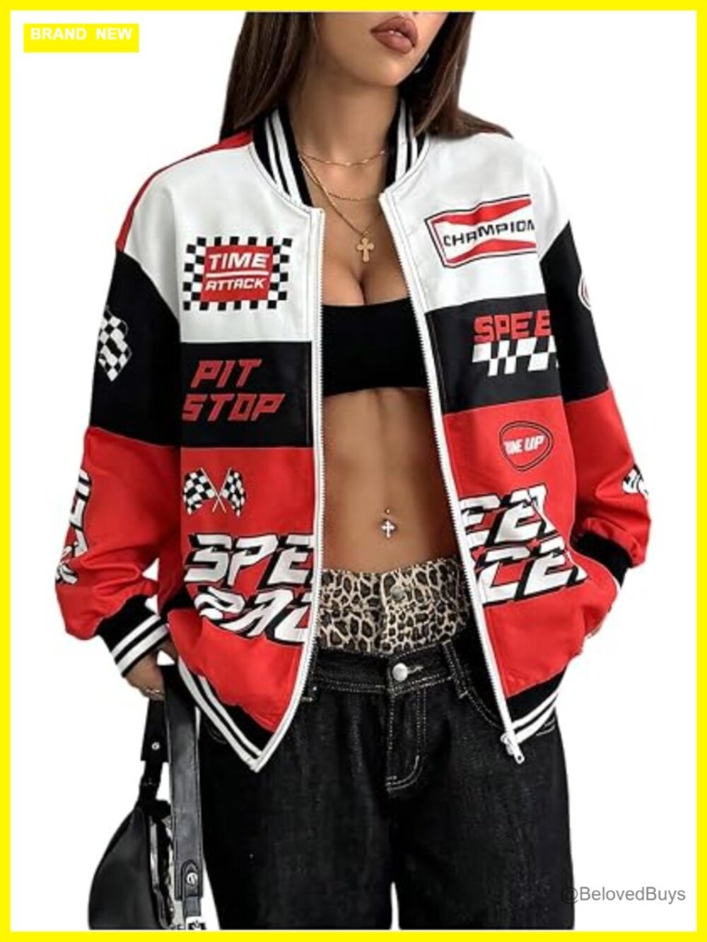 Y2K Varsity Jacket Racing Bomber Letterman Zip Up Oversized Motorcycle Coat